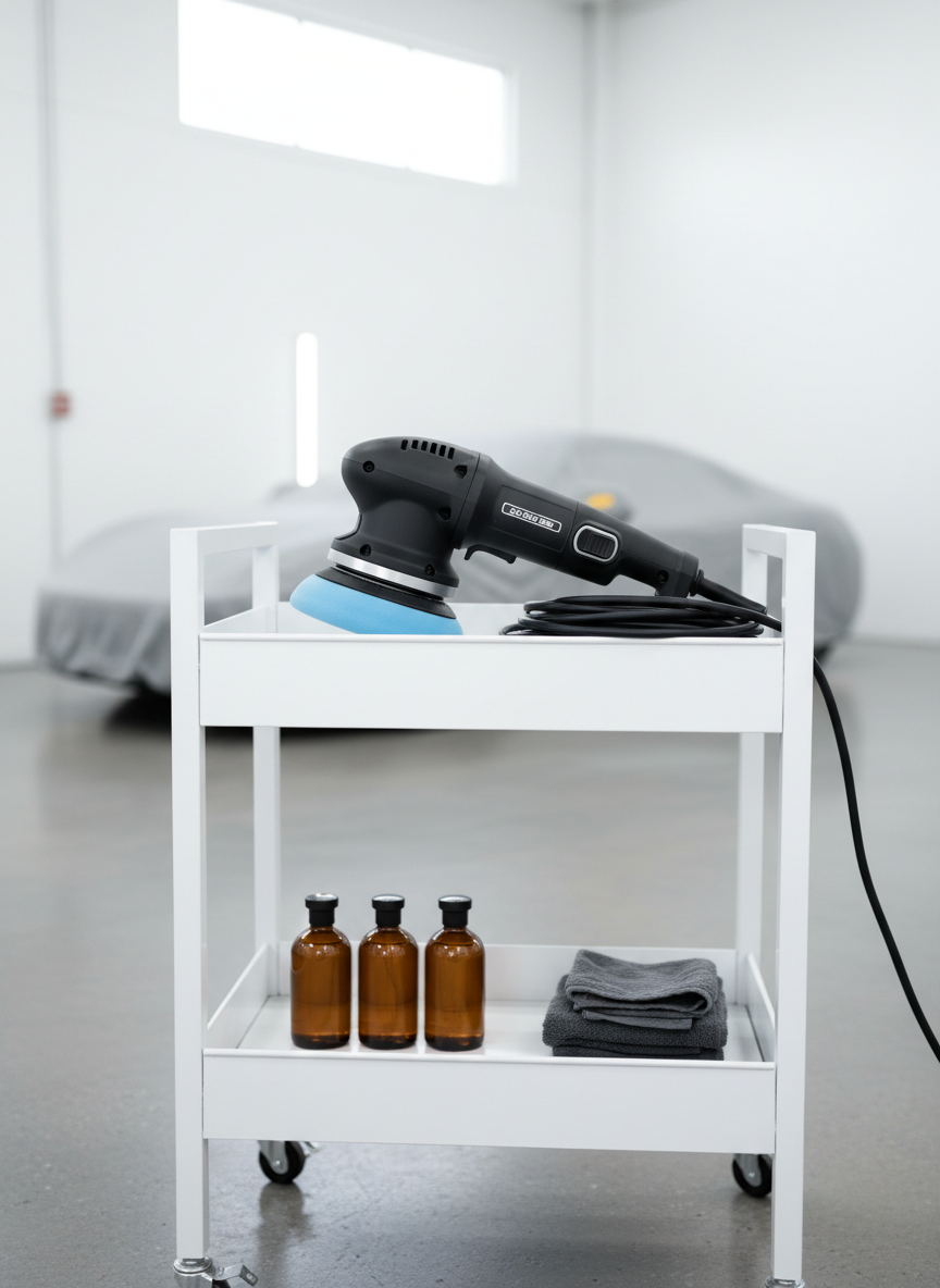 A minimalist, photographic realism scene featuring a single, high-end dual-action polisher resting on a spotless white detailing cart. The polisher has a matte black body with subtle metallic accents and a soft blue polishing pad attached, its cable neatly coiled beside it. On the cart’s lower shelf, a few carefully arranged bottles of polish and a stack of folded, plush microfiber towels in charcoal gray add subtle color contrast. The setting is a clean, modern detailing studio with blurred hints of a car silhouette in the background. Soft, directional studio lighting from the side creates gentle highlights on the polisher’s contours and faint shadows on the floor. Shot at eye level with a shallow depth of field, the atmosphere feels precise, professional, and calm.