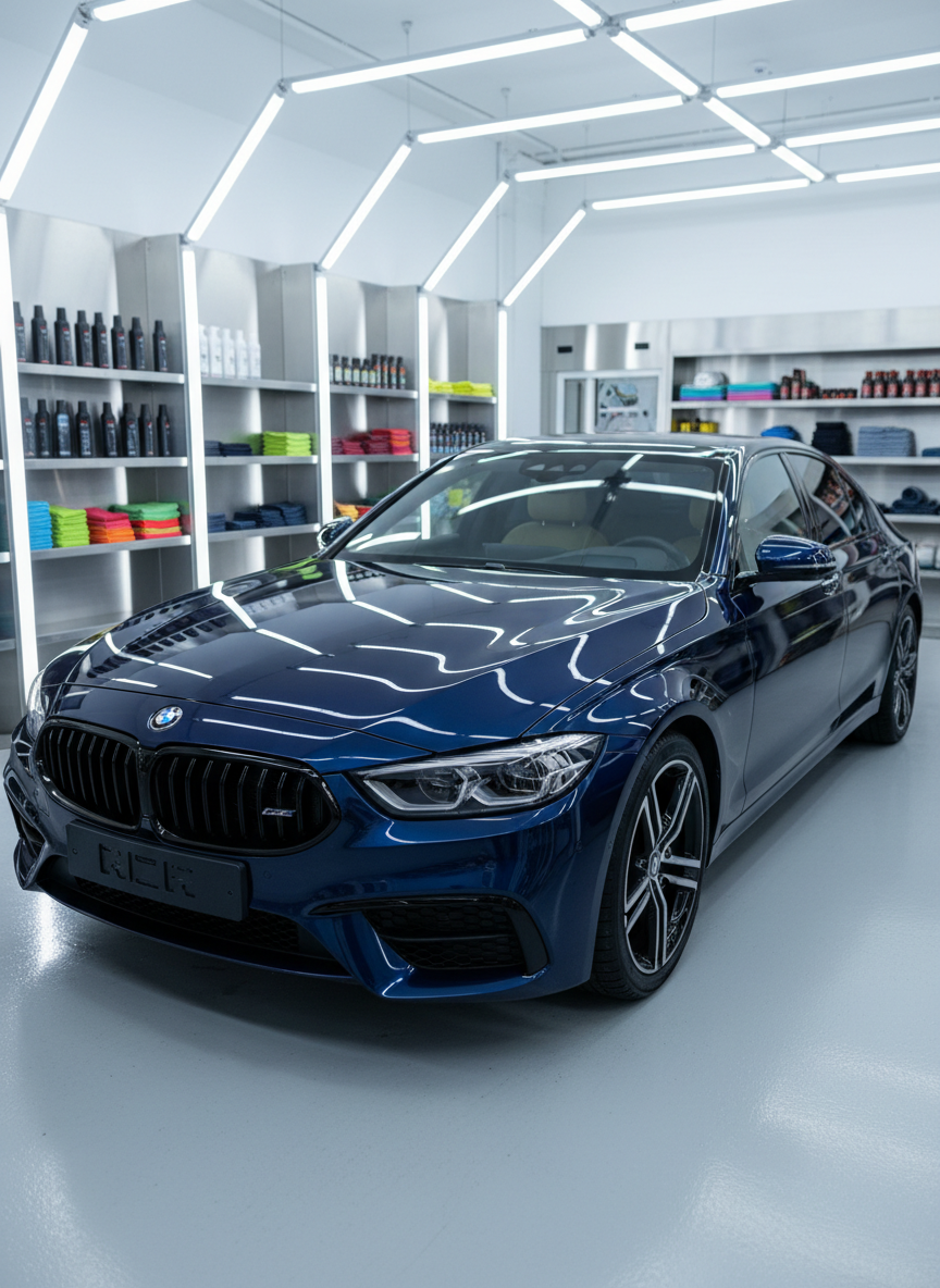 A deep midnight-blue luxury sedan with flawless, mirror-like paintwork, parked inside an immaculate detailing studio. The car’s surface reflects overhead LED strip lights in crisp, clean lines, emphasizing the swirl-free finish and glassy ceramic coating. Around it, neatly organized shelves display high-end bottles, microfiber towels folded with precision, and a spotless epoxy floor with a subtle sheen. Cool, bright studio lighting creates precise highlights along the car’s contours and gentle shadows under the chassis. Shot at eye level from the front three-quarter angle with photographic realism, the composition uses a shallow depth of field so the car is razor sharp while the background softly blurs, conveying a professional, meticulous, high-end atmosphere.