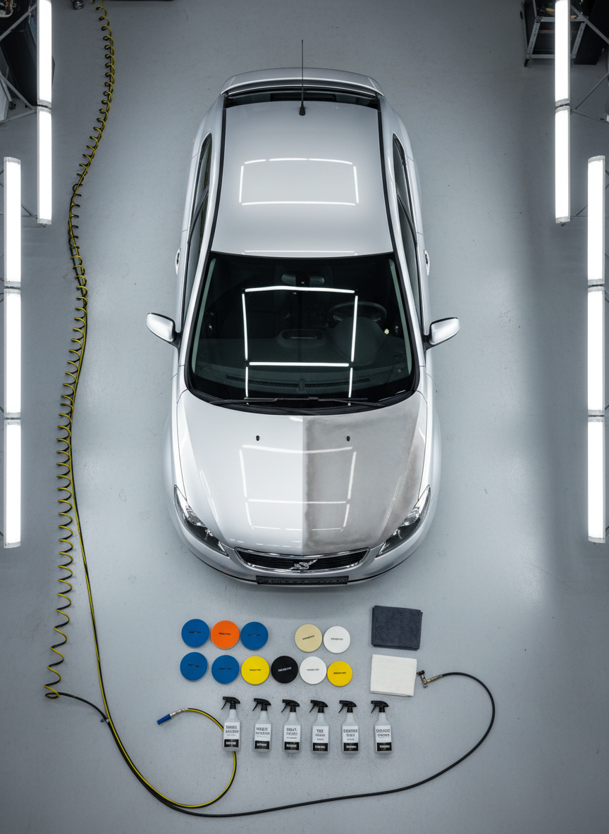 An overhead photographic view of a compact, well-equipped car detailing workstation, centered around a silver hatchback with half the hood polished to a high-gloss finish and the other half dull and oxidized for contrast. Around the vehicle, neatly coiled hoses, arranged polishing pads in different colors, and labeled spray bottles form a clean, organized layout on a light gray epoxy floor. Bright, diffused LED panel lighting from above eliminates harsh shadows, creating a clinical yet inviting workshop feel. The polished side of the hood reflects the light crisply, while the unpolished side looks flat and hazy. The composition uses clear, sharp focus throughout, emphasizing order, professionalism, and the transformative effect of quality detailing.