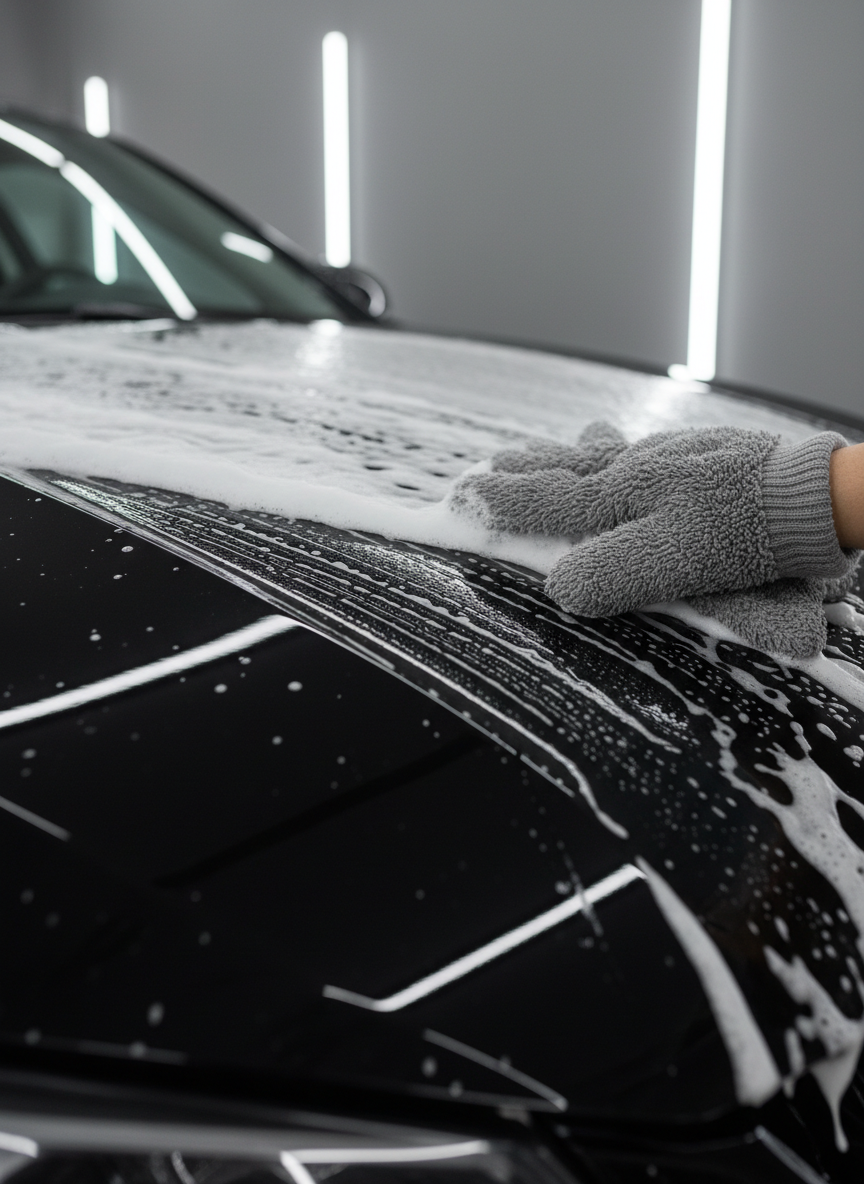 A close-up, highly detailed macro shot of a glossy black car hood being carefully washed with a thick, creamy white foam blanket. A premium gray microfiber wash mitt glides across the surface, revealing a perfectly clean, swirl-free trail through the suds. The hood reflects crisp lines of cool LED lighting from the ceiling, showcasing the smooth, defect-free paint. The environment is a modern, professional detailing bay with neutral gray walls and an uncluttered background. Soft, even studio lighting minimizes harsh shadows while enhancing the texture of the foam and the deep gloss of the paint. Captured from a slightly elevated angle with shallow depth of field, the mood is precise, clean, and technical, emphasizing expert car care.